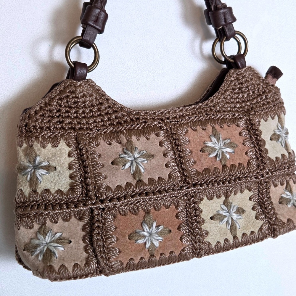 Y2K The Sak Vintage Patchwork Leather Crochet Shoulder Bag Brown Floral Boho
